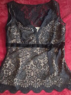 LOFT Black Lace V-Neck Camisole with Satin Waist Tie
